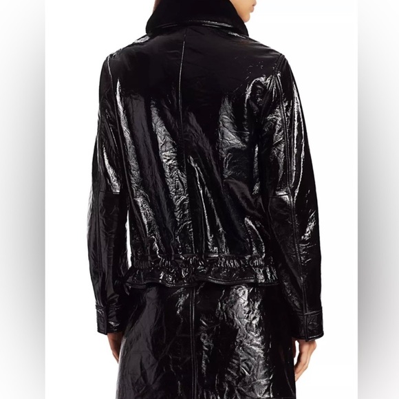 7 for all Mankind Black Crinkle Leather Jacket XS 7FAM Removable Fur Collar - Picture 2 of 11